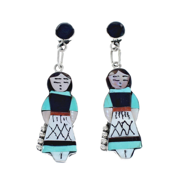 Sterling Silver Zuni Multicolor Inlay Storyteller Woman Post Dangle Earrings AX129211